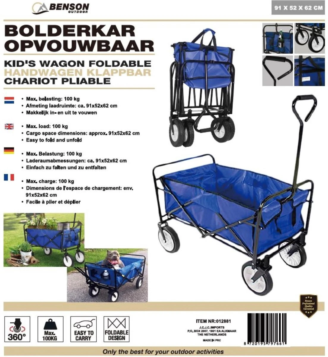 Benson Opvouwbare Bolderkar - 91x52x62 Cm - Max 100 Kg - Blauw 2 Benson Opvouwbare Bolderkar - 91x52x62 Cm - Max 100 Kg - Blauw - Afbeelding 2