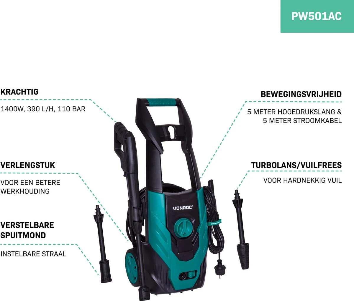 VONROC Hogedrukreiniger V14-1 - 1400W – 110 Bar – 390 L/h – Incl. 5m Slang, Spuitstukken En Accessoires 5 VONROC Hogedrukreiniger V14-1 - 1400W – 110 Bar – 390 L/h – Incl. 5m Slang, Spuitstukken En Accessoires - Afbeelding 5