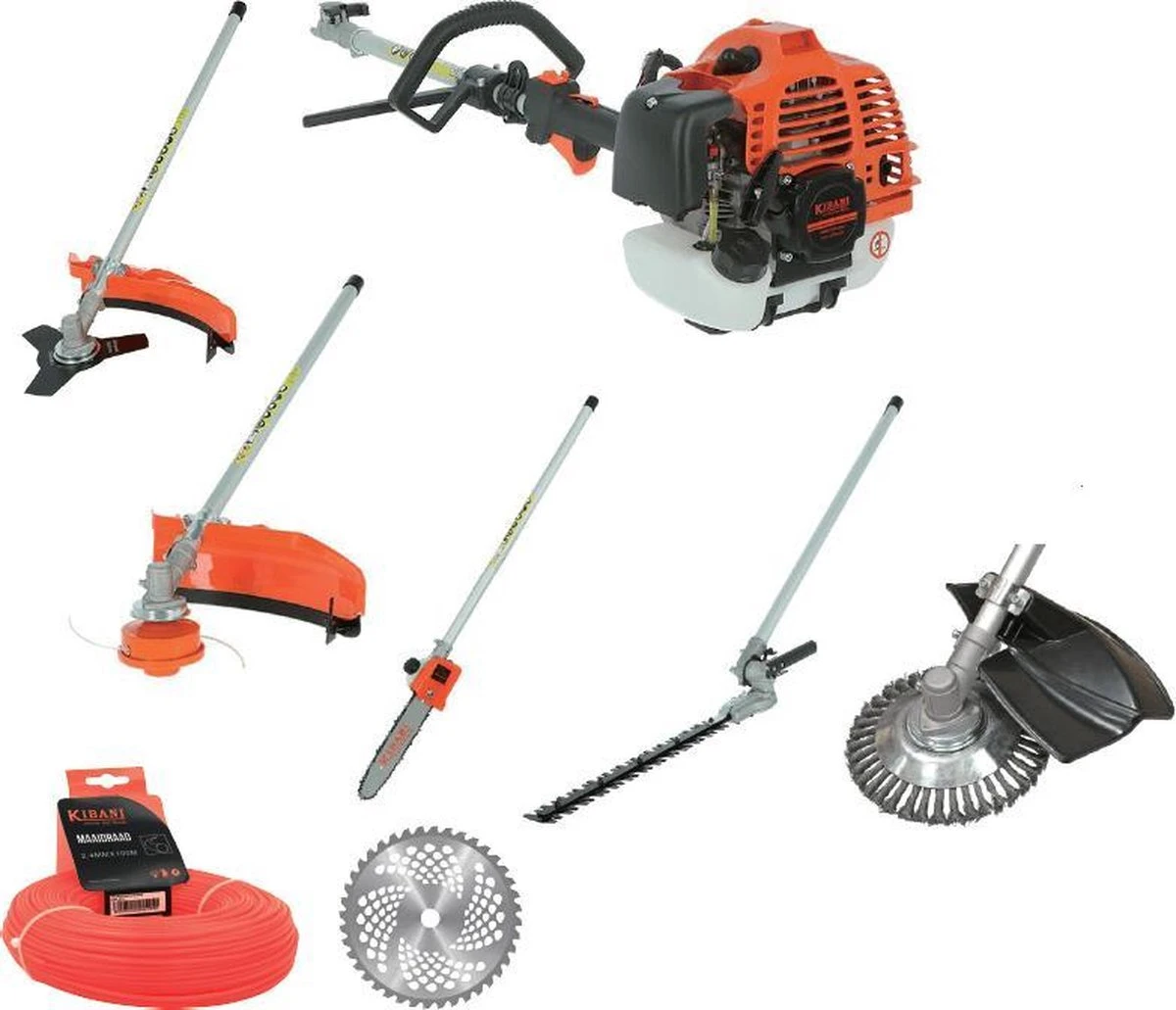 Kibani 6-in-1 Multitool - 52 Cc / 1.9 PK 2-takt Benzine Motor - Heggenschaar, Kettingzaag, Grastrimmer, Maaidraad 100M, Onkruidborstel, Zaagblad, Maaidraad 100 M & Bosmaaier 1 Kibani 6-in-1 Multitool - 52 Cc / 1.9 PK 2-takt Benzine Motor - Heggenschaar, Kettingzaag, Grastrimmer, Maaidraad 100M, Onkruidborstel, Zaagblad, Maaidraad 100 M & Bosmaaier