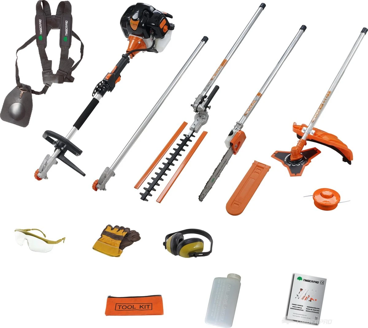 TIMBERPRO - 5-in-1 – Multitool – Benzine - Kettingzaag - Bosmaaier -Kantenmaaier - Haagschaar - Verlengstuk - 52 Cc. 1 TIMBERPRO - 5-in-1 – Multitool – Benzine - Kettingzaag - Bosmaaier -Kantenmaaier - Haagschaar - Verlengstuk - 52 Cc.