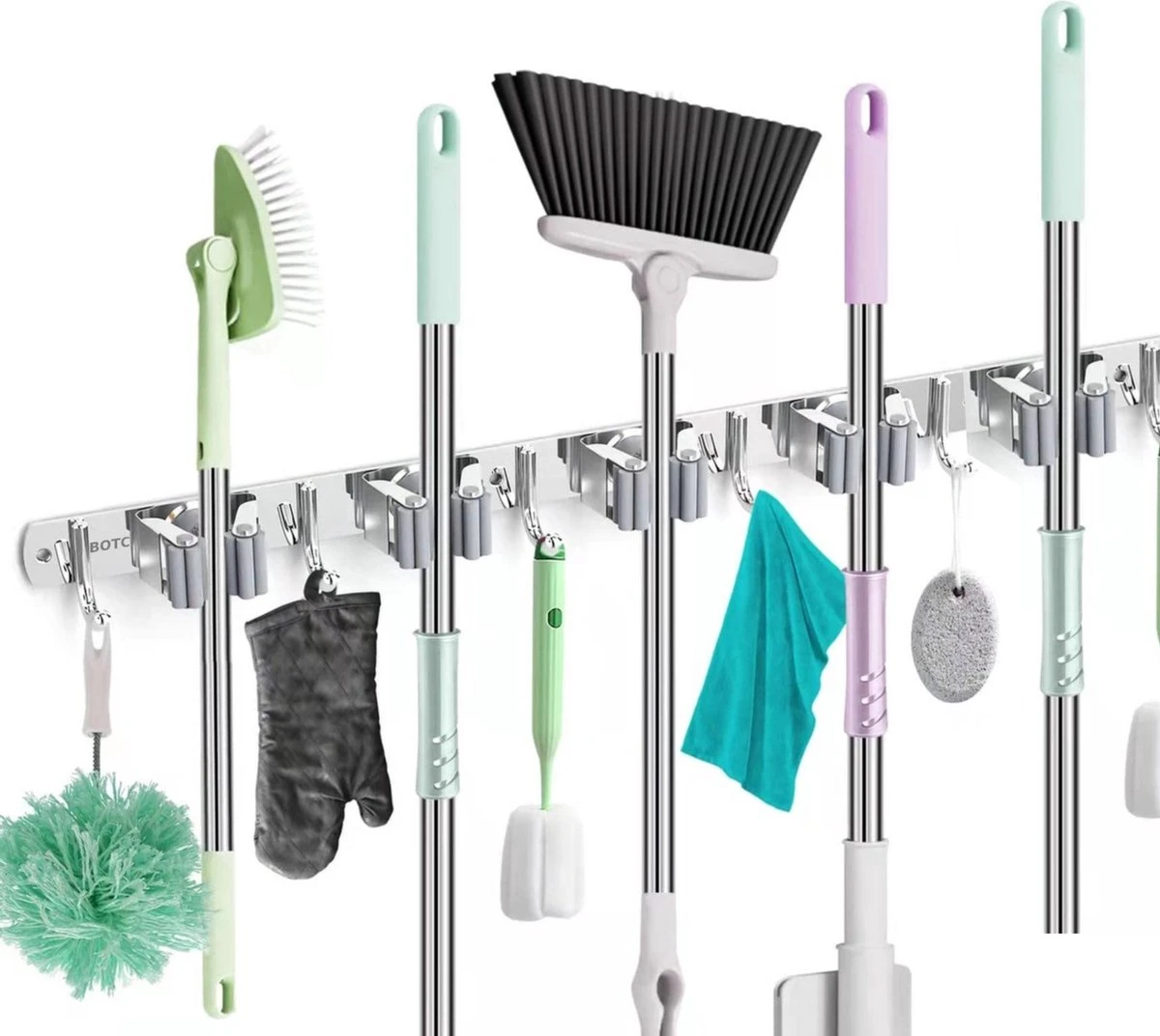 BOTC Bezemhouder - 5 Houders 6 Haken Bezem Ophangsysteem - Zeflklevend - Opbergsysteem - Ophanghaken - Tuingereedschap - Gereedschap Opbergen 1 BOTC Bezemhouder - 5 Houders 6 Haken Bezem Ophangsysteem - Zeflklevend - Opbergsysteem - Ophanghaken - Tuingereedschap - Gereedschap Opbergen