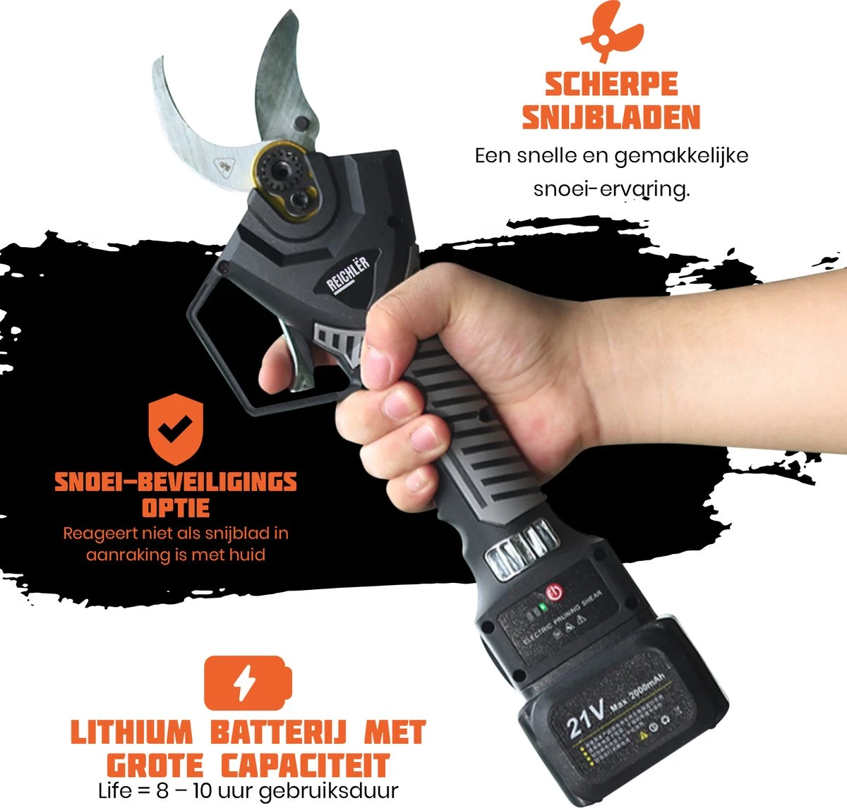 Reichlër® Elektrische Snoeischaar - 40 Mm Snijdiameter - 2x Accu - Anti-cut Functie - Heggenschaar - Takkenschaar - Zwart 4 Reichlër® Elektrische Snoeischaar - 40 Mm Snijdiameter - 2x Accu - Anti-cut Functie - Heggenschaar - Takkenschaar - Zwart - Afbeelding 4