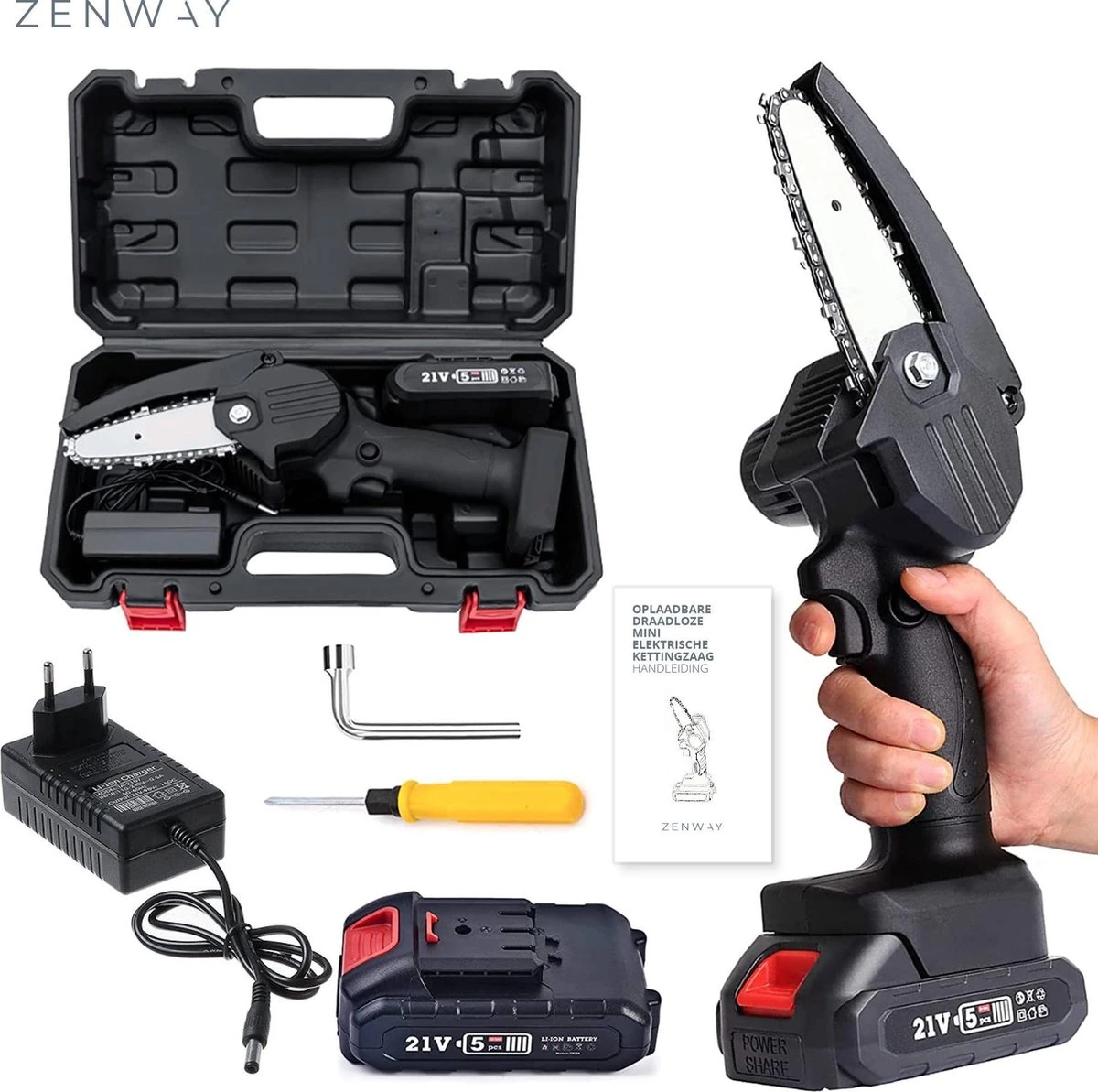 Zenway - Mini Kettingzaag - Snoeizaag - Kettingzaag - Kettingzaag Elektrisch Met 1 Accu- Inclusief Koffer - 1 Extra Accu - Zwart 1 Zenway - Mini Kettingzaag - Snoeizaag - Kettingzaag - Kettingzaag Elektrisch Met 1 Accu- Inclusief Koffer - 1 Extra Accu - Zwart