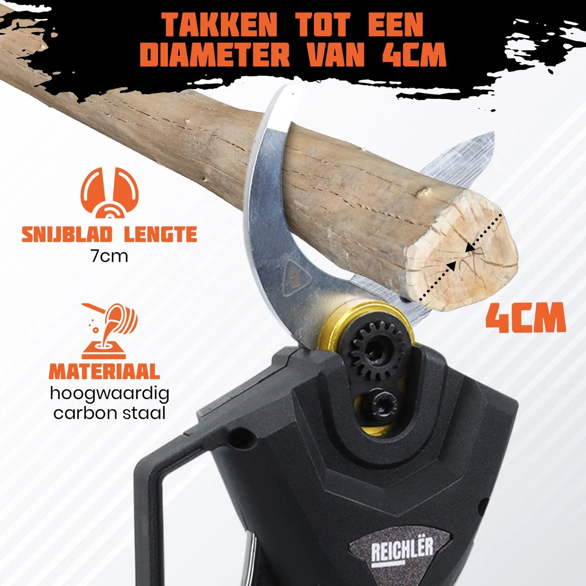 Reichlër® Elektrische Snoeischaar - 40 Mm Snijdiameter - 2x Accu - Anti-cut Functie - Heggenschaar - Takkenschaar - Zwart 2 Reichlër® Elektrische Snoeischaar - 40 Mm Snijdiameter - 2x Accu - Anti-cut Functie - Heggenschaar - Takkenschaar - Zwart - Afbeelding 2