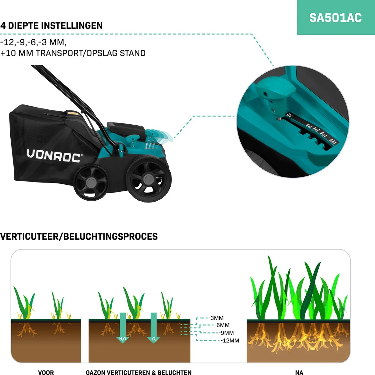 VONROC Elektrische Verticuteermachine - Gazonbeluchter – 1300W – Maaibreedte 320 Mm – 4 Dieptestanden (12/9/6/3 Mm) – Incl. 35L. Opvangbak 5 VONROC Elektrische Verticuteermachine - Gazonbeluchter – 1300W – Maaibreedte 320 Mm – 4 Dieptestanden (12/9/6/3 Mm) – Incl. 35L. Opvangbak - Afbeelding 5