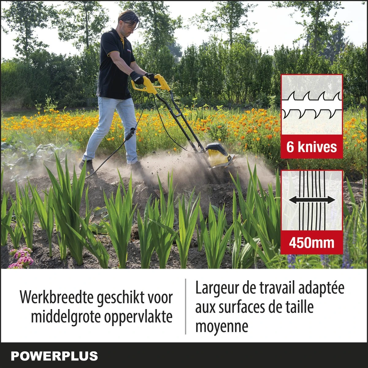 Powerplus POWXG72010 Tuinfrees - 1500W - Werkbreedte 450mm - Werkdiepte Max. 220mm - Incl. 6 Messen En Wielen 6 Powerplus POWXG72010 Tuinfrees - 1500W - Werkbreedte 450mm - Werkdiepte Max. 220mm - Incl. 6 Messen En Wielen - Afbeelding 6
