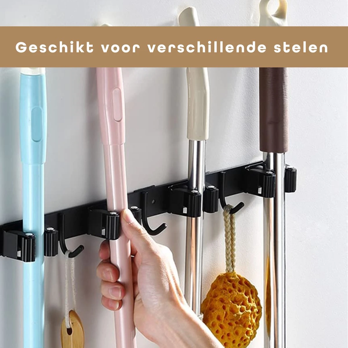 Bezem Ophangsysteem – Bezemhouder – Tuingereedschap – RVS – 5 Houders – 6 Haken - BAULK® 3 Bezem Ophangsysteem – Bezemhouder – Tuingereedschap – RVS – 5 Houders – 6 Haken - BAULK® - Afbeelding 3