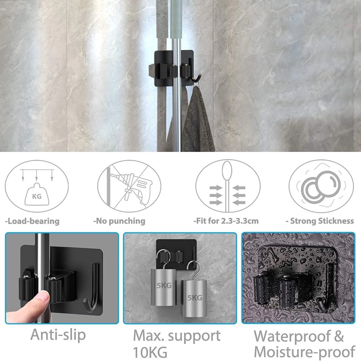BOTC Bezemhouder - 4 Stuks - RVS - Bezem Ophangsysteem - Bezem Houder - Tuingereedschap - Zwart 2 BOTC Bezemhouder - 4 Stuks - RVS - Bezem Ophangsysteem - Bezem Houder - Tuingereedschap - Zwart - Afbeelding 2
