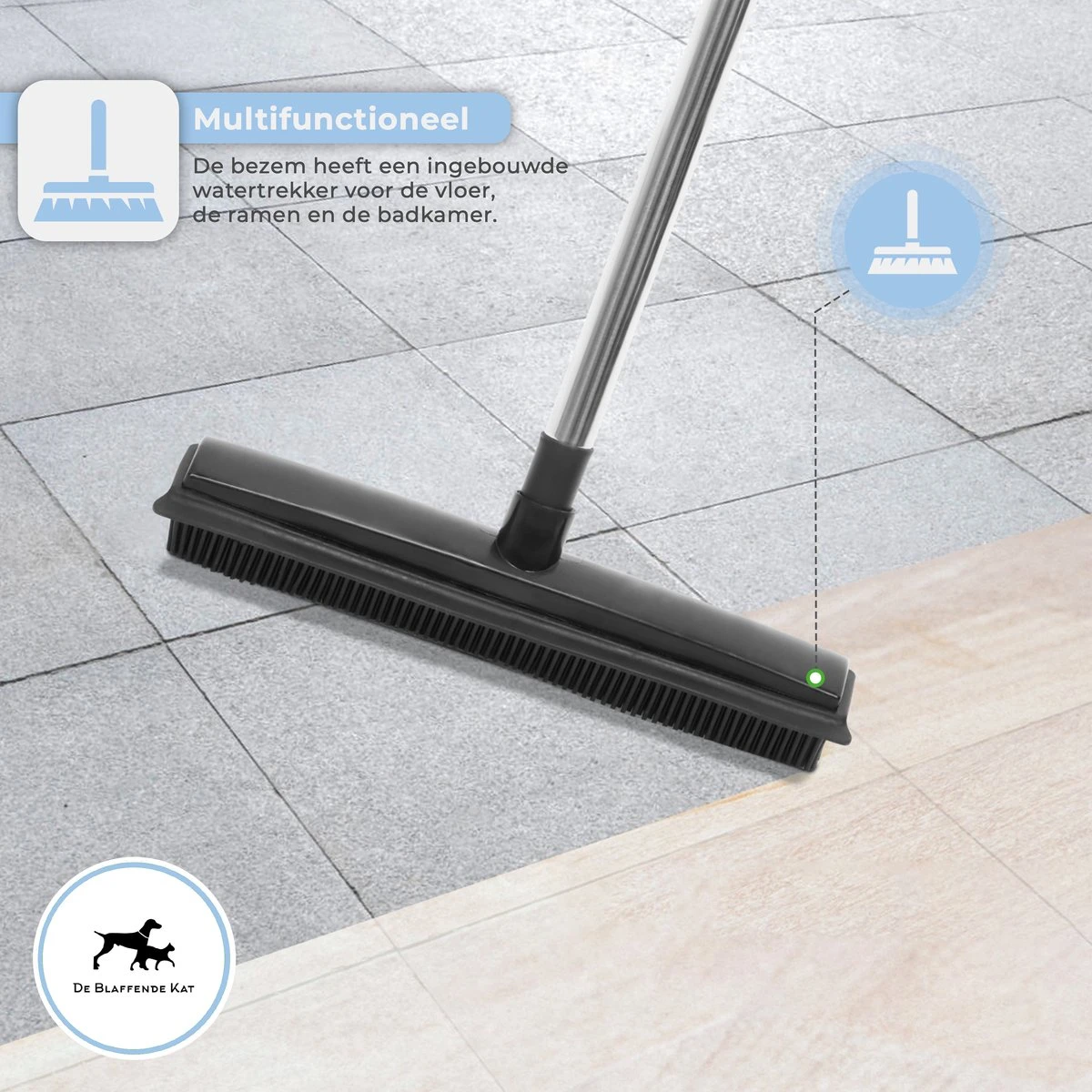 De Blaffende Kat 2 In 1 Rubberen Bezem – Bezem Binnen & Buiten – Vloerwisser Met Steel - Vloertrekker – Veger - Extra Lang 160cm 7 De Blaffende Kat 2 In 1 Rubberen Bezem – Bezem Binnen & Buiten – Vloerwisser Met Steel - Vloertrekker – Veger - Extra Lang 160cm - Afbeelding 7