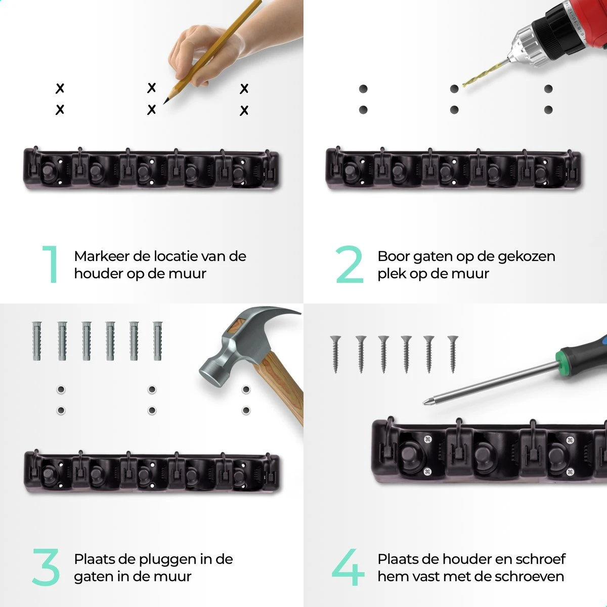 CLEANLY® Bezemhouder - Ophangsysteem Voor Tuingereedschap - Bezem Ophangsysteem - Gereedschapshouder Met Ophanghaken - ABS 2 CLEANLY® Bezemhouder - Ophangsysteem Voor Tuingereedschap - Bezem Ophangsysteem - Gereedschapshouder Met Ophanghaken - ABS - Afbeelding 2