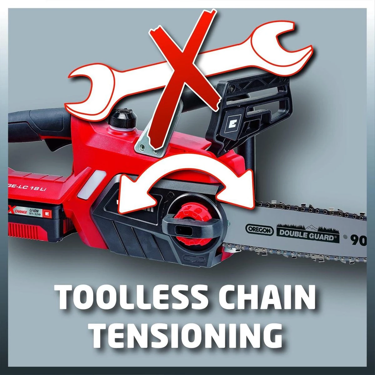 Einhell Accu Kettingzaag GE-LC 18 Li Kit (1x3,0Ah) Power X-Change (Li-Ion - 18 V - 25 Cm Zwaardlengte - 23 Cm Snijlengte - Terugslagbescherming - Kettingvangbout - Incl. 3,0 Ah Accu En Lader) 12 Einhell Accu Kettingzaag GE-LC 18 Li Kit (1x3,0Ah) Power X-Change (Li-Ion - 18 V - 25 Cm Zwaardlengte - 23 Cm Snijlengte - Terugslagbescherming - Kettingvangbout - Incl. 3,0 Ah Accu En Lader) - Afbeelding 12