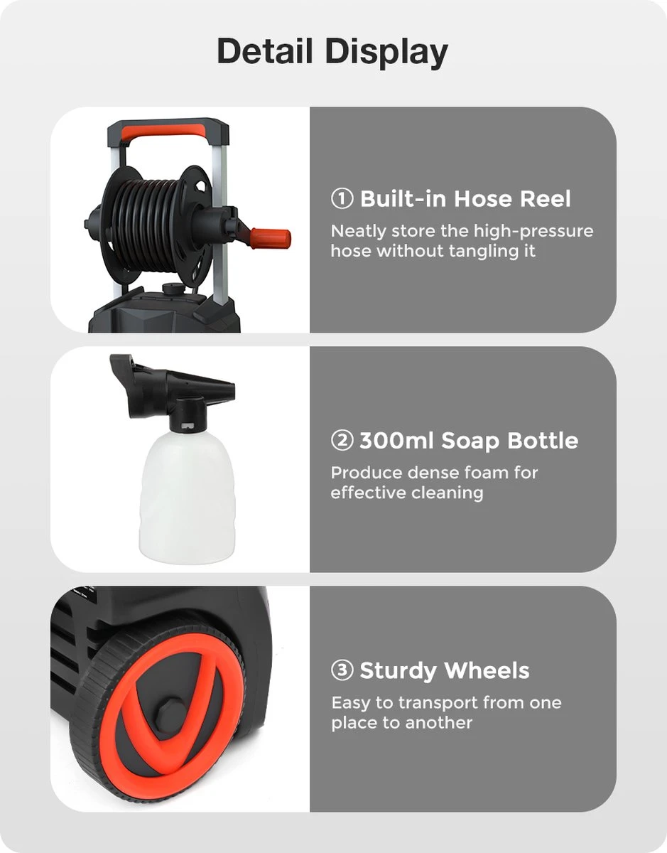 Merkloos Home Hogedrukreiniger - 2100W - 165 Bar - Met Verstelbare Nozzles Slanghaspel 5m Netsnoer 10m Slang - Voor Reiniging Huis Auto Tuin 2 Merkloos Home Hogedrukreiniger - 2100W - 165 Bar - Met Verstelbare Nozzles Slanghaspel 5m Netsnoer 10m Slang - Voor Reiniging Huis Auto Tuin - Afbeelding 2